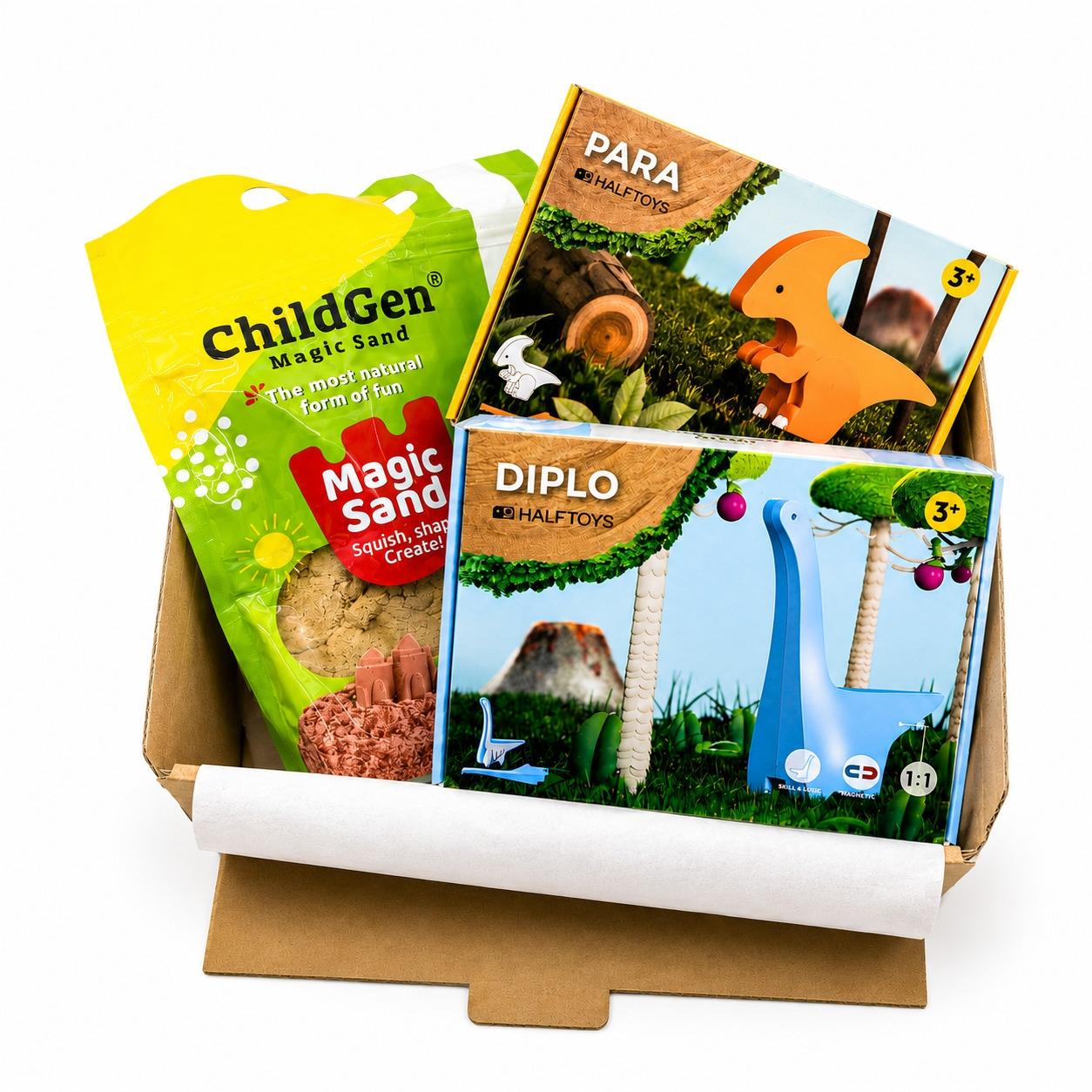 PACK SENSORIAL DINOS HALFTOYS 3 PZAS DIPLODOCUS-PARASAURUS
