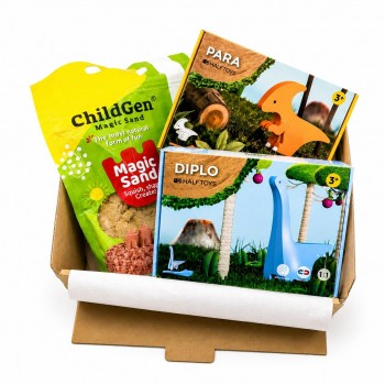 PACK SENSORIAL DINOS HALFTOYS 3 PZAS DIPLODOCUS-PARASAURUS