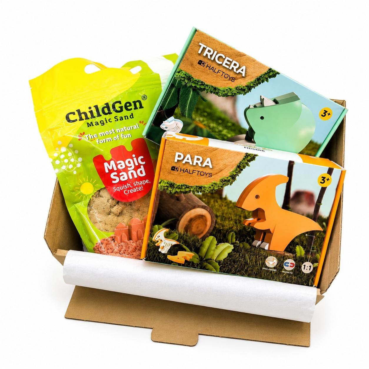 PACK SENSORIAL DINOS HALFTOYS 3 PZAS STEGOSAURUS-TRICERATOPS